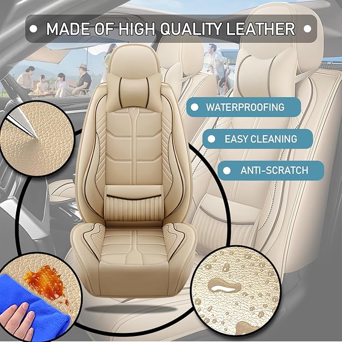 Leather Car Seat Covers Fit for Toyota Prius c 2012-2019, 5 Seater Car Seat Cover, Premium Waterproof, Scratch Resistant Car Interior Accessories (Full Set with Pillow Beige)