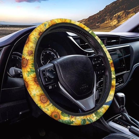AFPANQZ Car Steering Wheel Covers 14-15" inch Universal Fit Most Car Sedans SUVs, Sunflower Print Comfortable Handmade Breathable Steering Wheel Protector