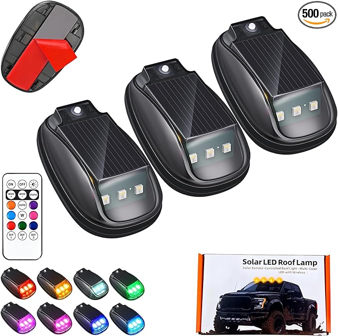 Solar-Powered Car Roof Light – Waterproof, Remote Control & Easy Installation, Solar Car Roof Light Kit, 8 Colors Wireless LED Strobe Lights with Remote Control for Trucks, Motorcycle, Vehicle (3pcs)