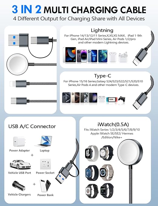 2Pack Multi Charging Cable Cord for Travel Essentials,Apple Watch Charger,iPhone Charger,[3-in-2] Type C/Lightning Cable Portable Designed for iWatch,iPhone 17-8,Galaxy S25-21,AirPods,iPad-1.5M Black