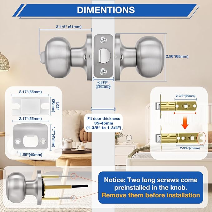 Plustool 10 Pack Brushed Nickel Door Knobs,Privacy Door Knob with Lock, Interior Doorknobs Silver, Keyless Door Locks Set for Bedrooms Bathrooms, Reversible for Left/Right Door Handle