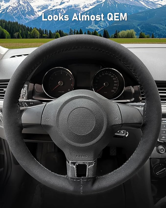 Belinous Suede Leather Steering Wheel Cover, DIY Stitch-On Steering Wheel Wrap with Needle & Thread, Non-Slip & Sweat-Absorbing, Universal Fit for 13.75-16 Inch (Size L3, Black)