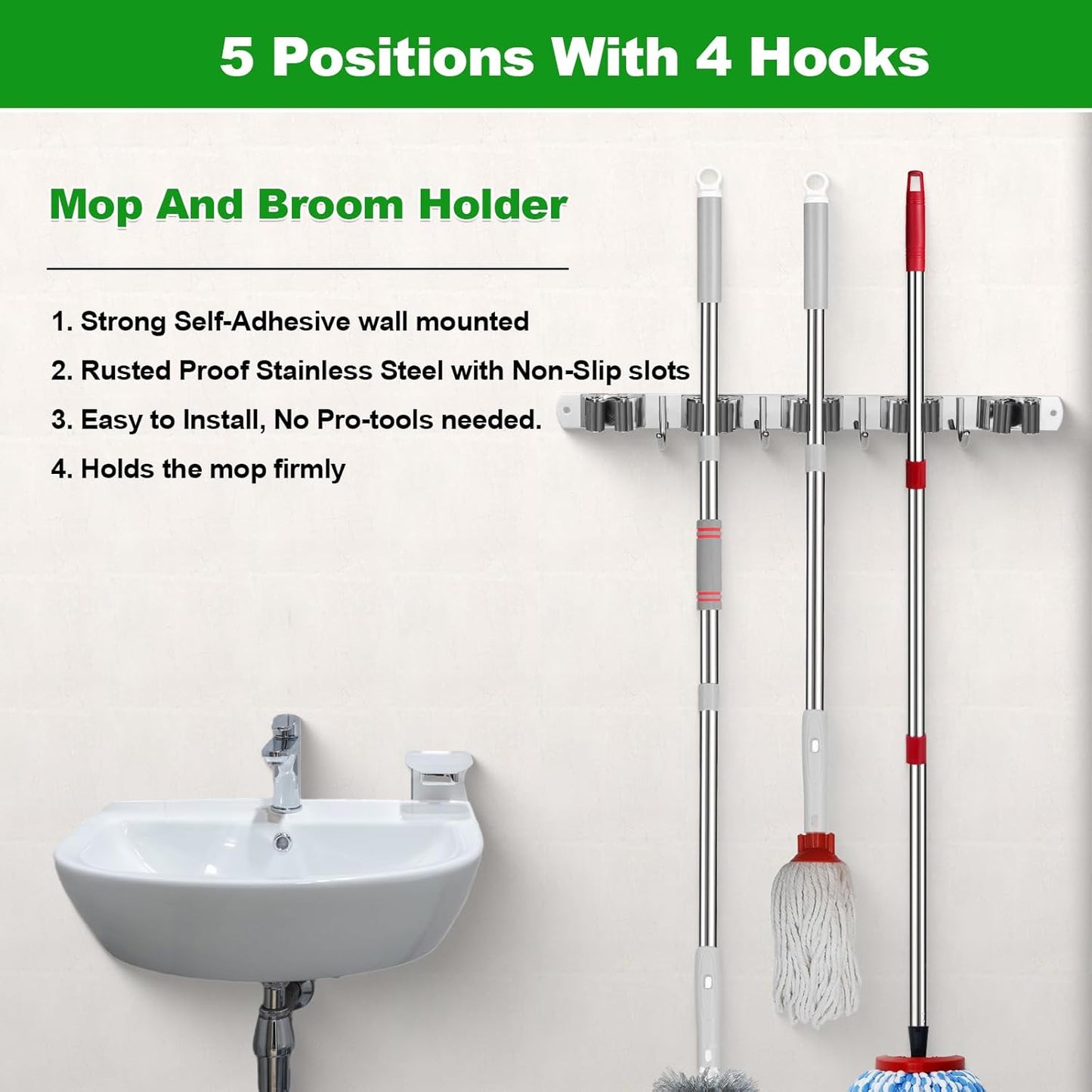 voze 5 Racks and 4 Hooks Mop and Broom Holder Wall Mount, Self Adhesive Heavy Duty Broom Hanger Organizer Storage Tool Racks for Kitchen Garden Laundry Garage