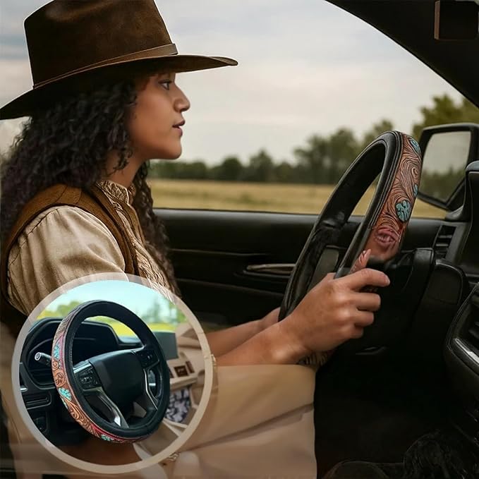 Western Steering Wheel Cover,Retro Western Cowboy Car Universal Steering Wheel Cover,Embossed Hand-Painted Leather Western Car Accessories, for Women Man, Anti-Slip Design Easy to Install (A)
