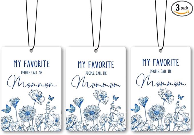 Mommom Grandma Gifts Car Air Freshener Accessories 3pcs,My Favorite People Call Me Gifts for Grandma Mom Christmas, Rustic Blue Flower Hanging Scent Fragrance Card for Women Closet Home Decor