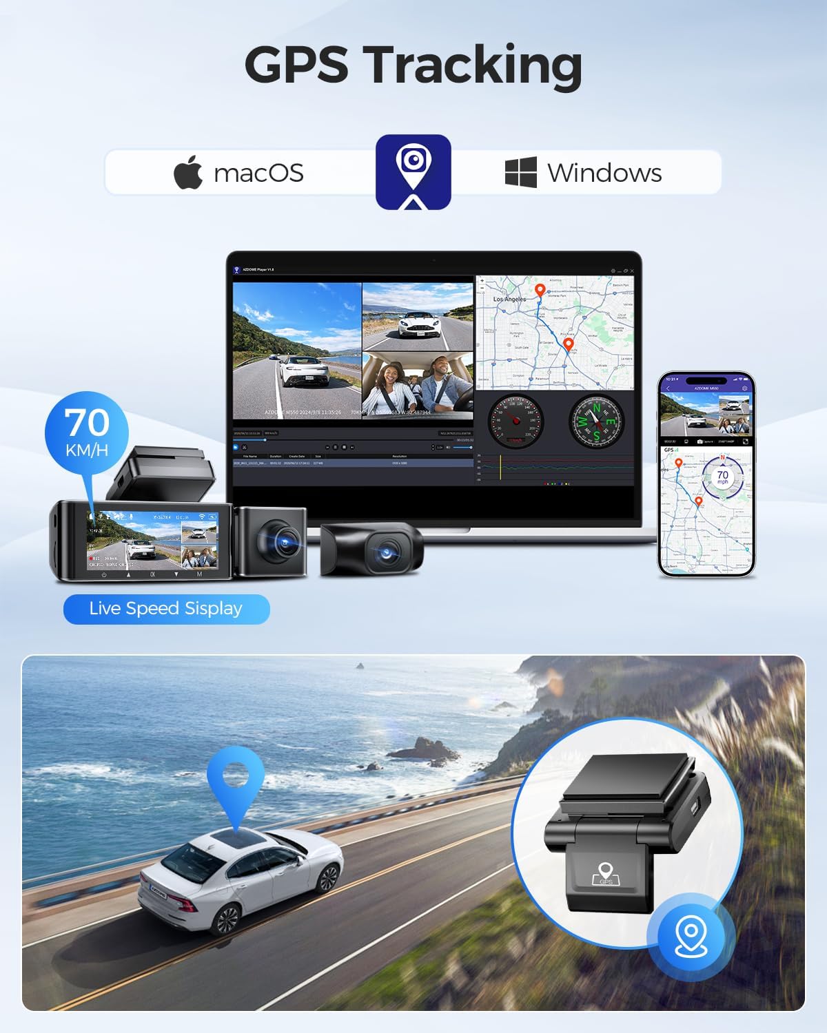 AZDOME M550 3 Channel Dash Cam, 4K+2.5K Dual Dash Camera for Cars Built-in WiFi GPS, 1440P+1080P+1440P Front and Rear Inside, 64GB Card Included, 3.19" IPS Screen, WDR, IR Night Vision, Parking Mode