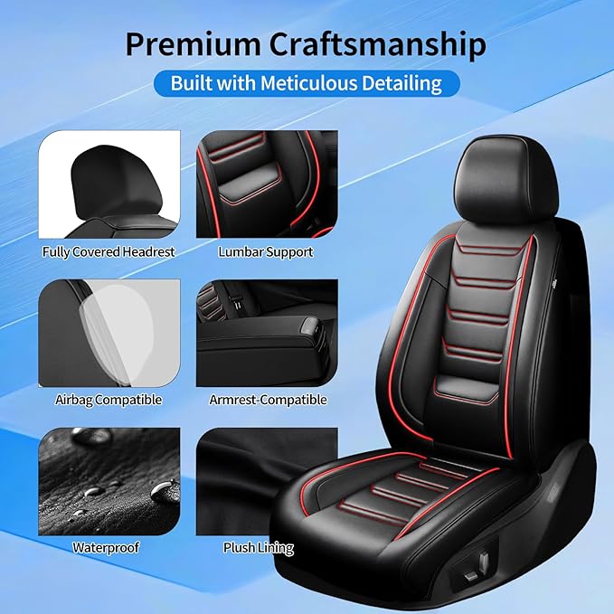 Fit Cruze Car Seat Covers for Select Chevrolet/Chevy Cruze 2011-2019 - Premium Full Coverage Leather, Airbag Compatible, Waterproof & All Weather Seat Cushion Protector, Full Set, Red Trim