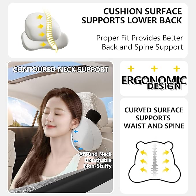 Cute Panda Car Neck Pillow & Lumbar Support Memory Foam Cushion for Driving Adjustable Headrest Waist Pillow for Most Seats (Black, Headrest & Backrest)