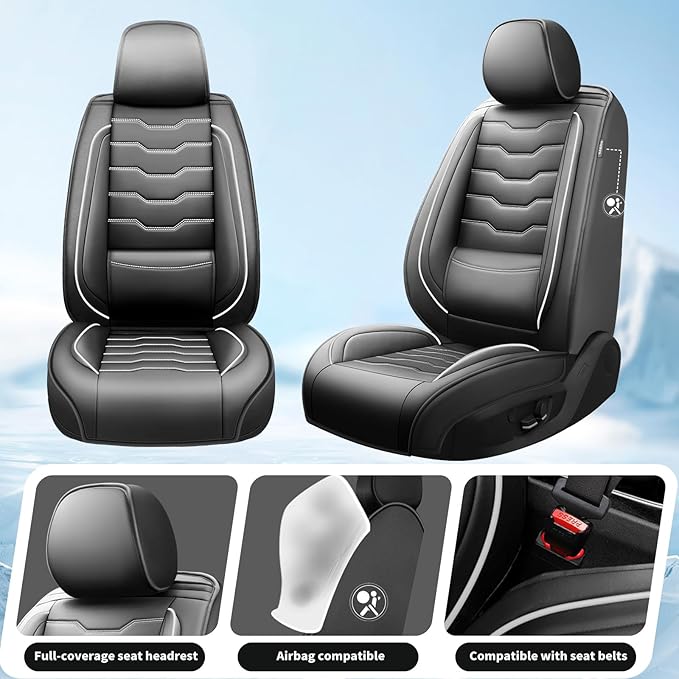 Fit Prius Car Seat Covers for Toyota Prius 2001-2025 2026 -Full Set Premium Leather, Waterproof, Breathable，All-Weather Seat Cushion Protecto & Airbag Compatible, 5-Seats White Line Black