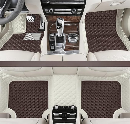 Customize Making Car Floor Mats for 99.99% Sedan SUV Pickup Truck Full Coverage Men Women Cute Leather Protection Pads Non-Slip Floor Liners (White+Business Coffee)