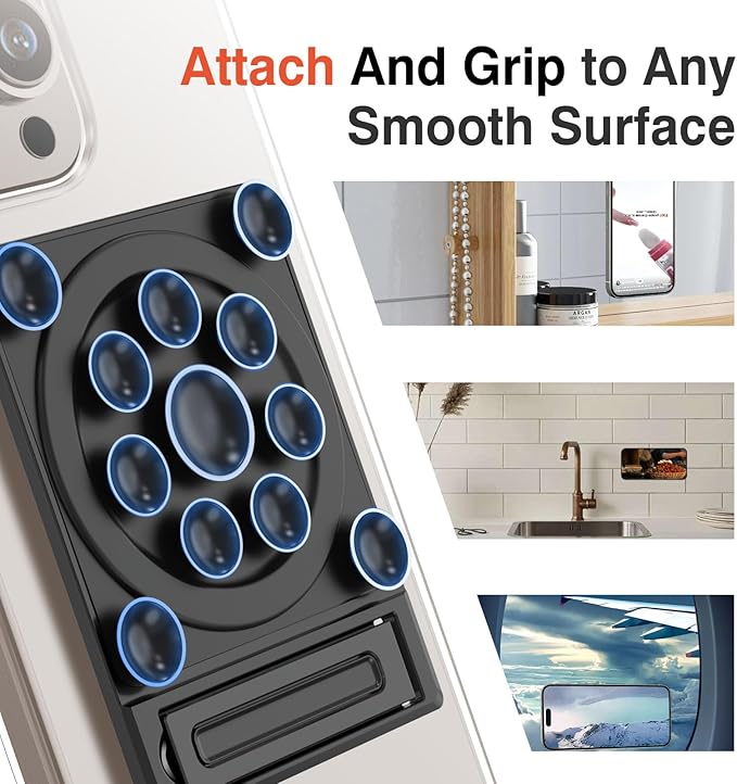 SEMBO Silicone Suction Phone Case Adhesive Sticky Grip Stand with Mag-Back for MagSafe Car/Wall Mounts, Strong Magnetic Holder for Fridge, Gym Equipment, Shower, Hands-Free Selfie (Black, Magnetic)