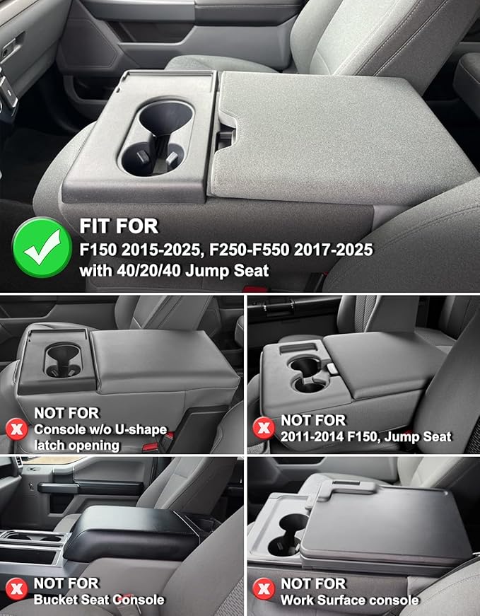 KBH Center Console Armrest Cover for 2015-2025 F150, 2017-2025 F250 F350 F450 F550, with 40/20/40 Jump Seat, Vinyl Leather, Anti-Scratch, Black