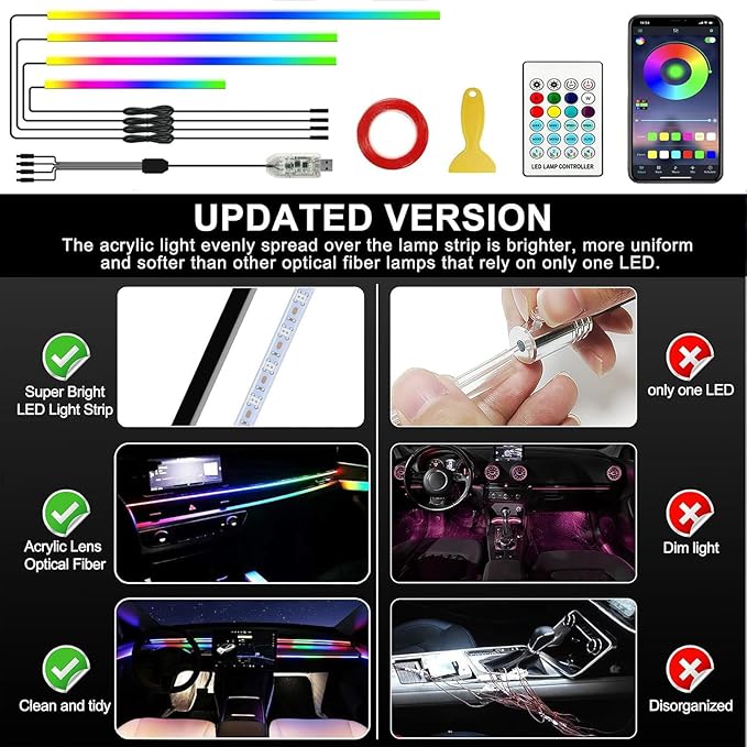 Ambient Lighting Car led Lights Interior,116in USB Dreamcolor 4 in 1 Acrylic Neon Flexible Strip Fiber Optic LED Ambient Lighting Kits with Remote APP, RGB Music Lights Sync for Inside car Decorations