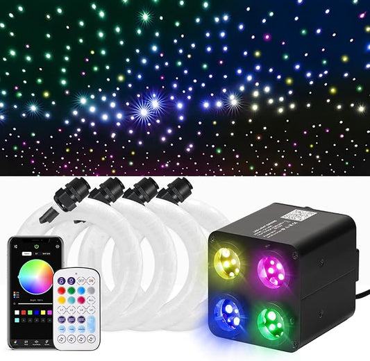 36W 4-Color RGBW Car Starlight Headliner Kit, 1200pcs0.03in13.1ft, Twinkle & Sound Activate 4-Port Fiber Optic Light Engine with Bluetooth APP&Remote Control, Star Lights for Car and Home