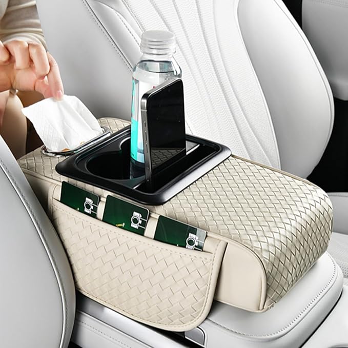 Car Armrest Cushion Cover Car Center Console Memory Foam Booster Pad with Storage Pocket and Tissue Hole for Sedan Vehicle (Cupholder - Red, 13.39 * 7.68 * 2.95'' / 34 * 19.5 * 7.5cm)