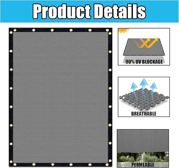Amagenix 90% Shade Fabric 18'X 18' Gray Sun Shade Cloth with Grommets for Pergola Replacement Shade Cover Canopy, Heavy Duty, Cable Zip Ties Included (We Customized)