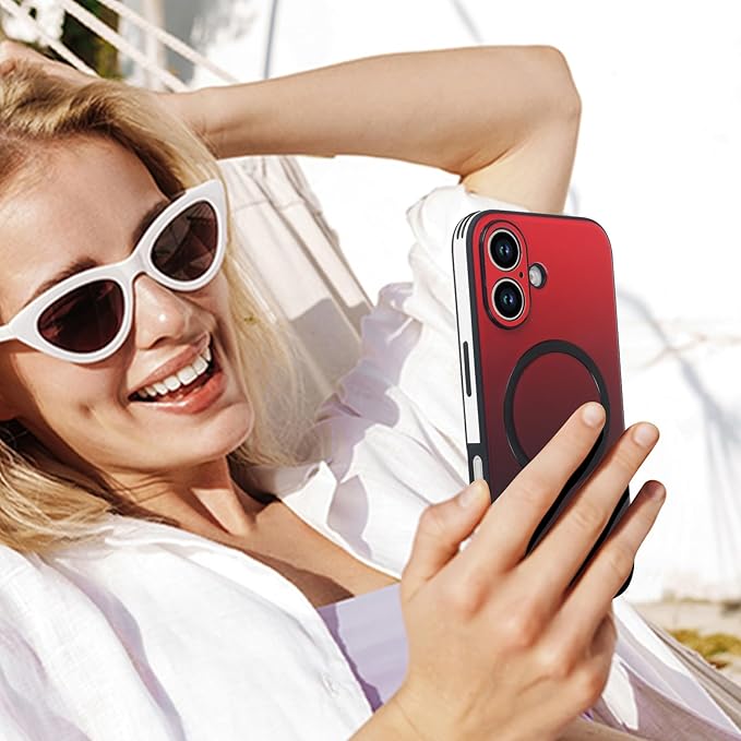Guppy Compatible with iPhone 16 Case Magnetic, with Full Camera Lens Protector [Compatible with MagSafe] Scratch Resistant Gradient Glass Back Cover Phone Case-Red