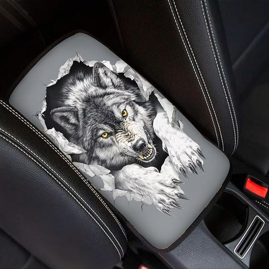 Wolf Print Car Center Console Armrest Cover Pad Universal Decorative Armrest Cover Pad for Truck Sedan SUV, Car Interior Decor Accessories