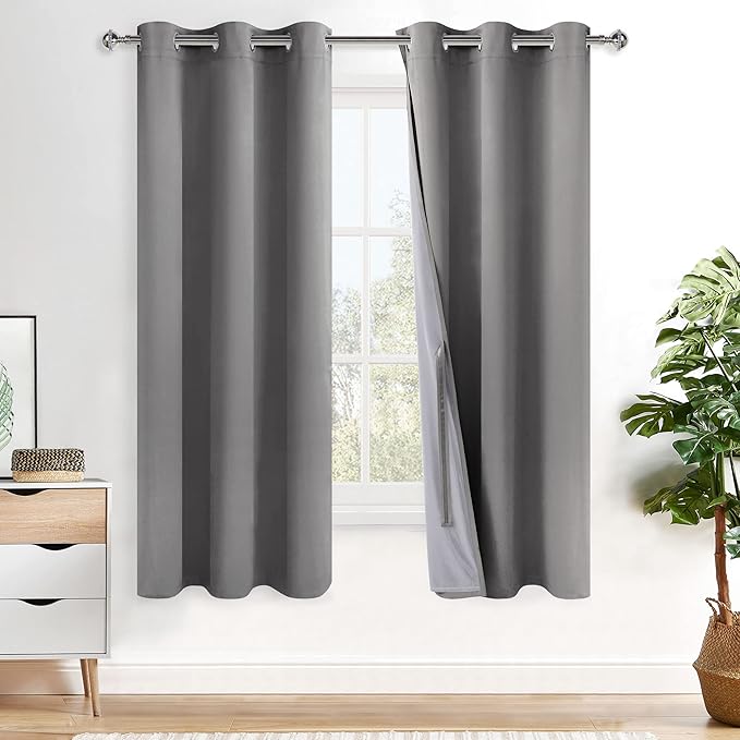 XWZO 100% Blackout Curtains - Thermal Insulated Black Liner Short Curtains, Noise Reducing and Heat Blocking Drapes for Hall and Studio Small Windows with Tiebacks, Grey, W38 x L63, Set of 2