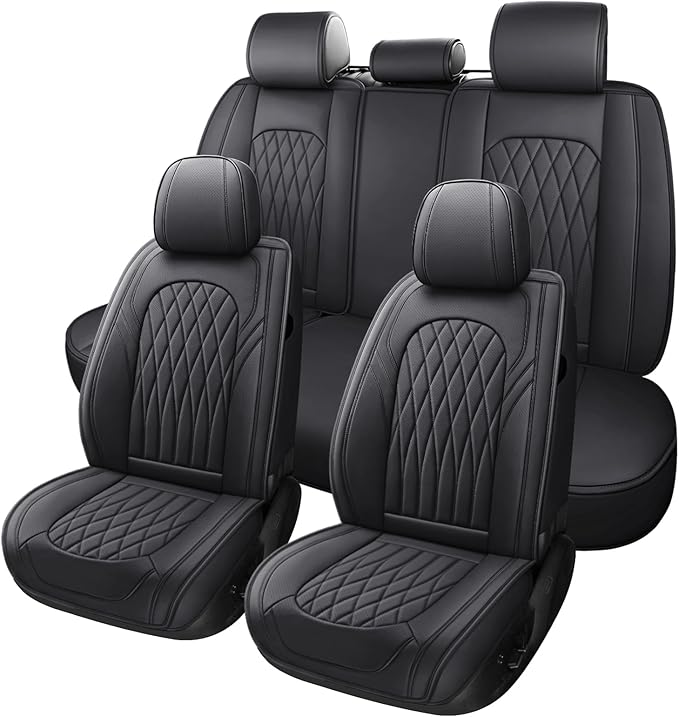 WELLDO Car Seat Covers Full Set, Leather Seat Covers for Cars, Car Seat Protector Waterproof, Non-Slip Car Interior Covers Full Set Universal Automotive Seat Covers for Most Cars SUVs, Black
