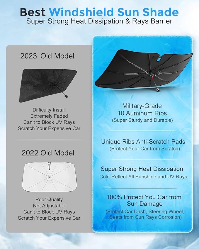 DMJN Umbrella Windshield Sun Shade - Large, Car Sunshade for Front Windshield [Nano Ice-Crystal Coatings] UPF50+ Heat & UV Block, Protect Interior & Keep Cooler Universal for Car, SUV, Truck