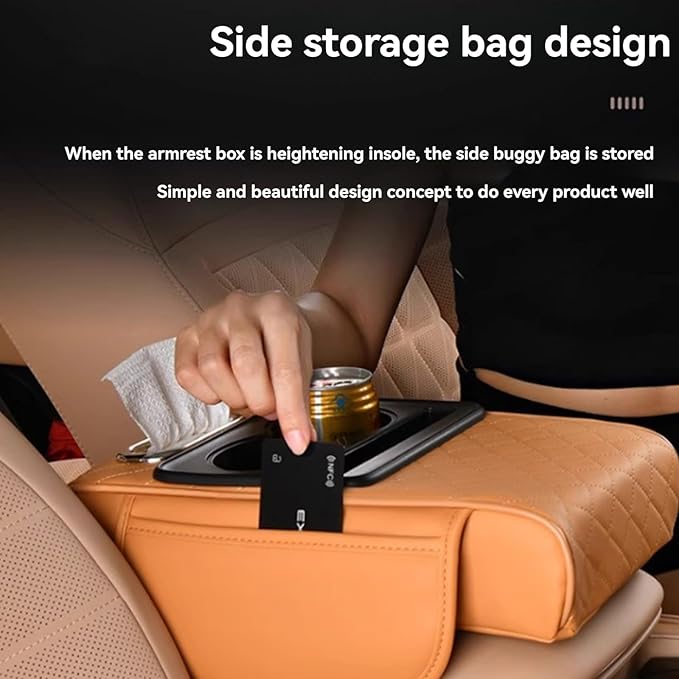 Multifunctional Pu Leather Car Armrest Box Mat, 5-In-1Multifunctional Car Armrest Cushion, Car Arm Rest Cover Pad, Center Console Organizer with Cup Holder, Tissue Box & Phone Slot (Orange)