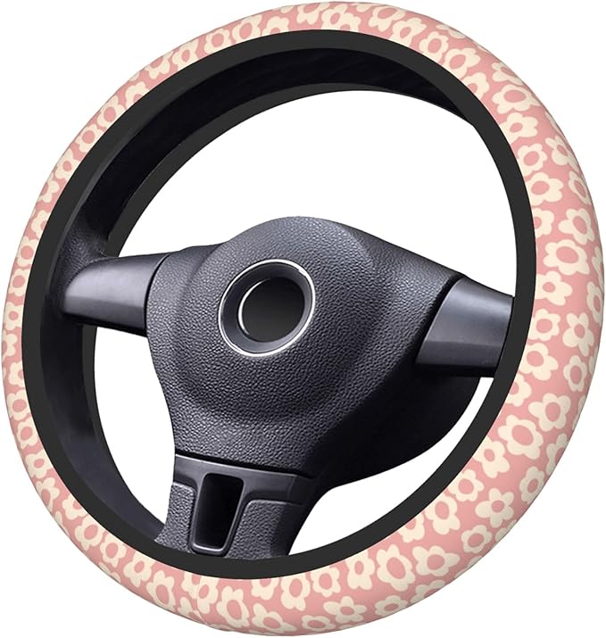 Vintage Pink Flower Steering Wheel Cover Cute Universal 15 Inch Car Accessories Protector for Women Fit Auto SUV Sedan Vans Trucks