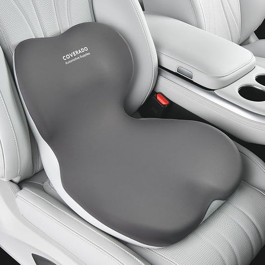 Coverado Car Seat Cushion and Lumbar Support Pillow One Piece, Memory Foam Ergonomic Back Support Driving Seat Cushion for Back Pain, Non-Slip Washable Cushion for Car, Driver, Office