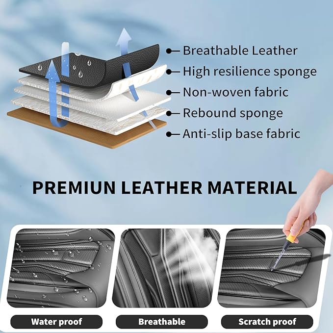 Fit Kona Car Seat Covers for Select Hyundai Kona 2018-2025 2026. Premium Leather, Waterproof， Breathable, Scratch-Resistant & All-Weather Seat Cushion Protector (Full Set, All Black)