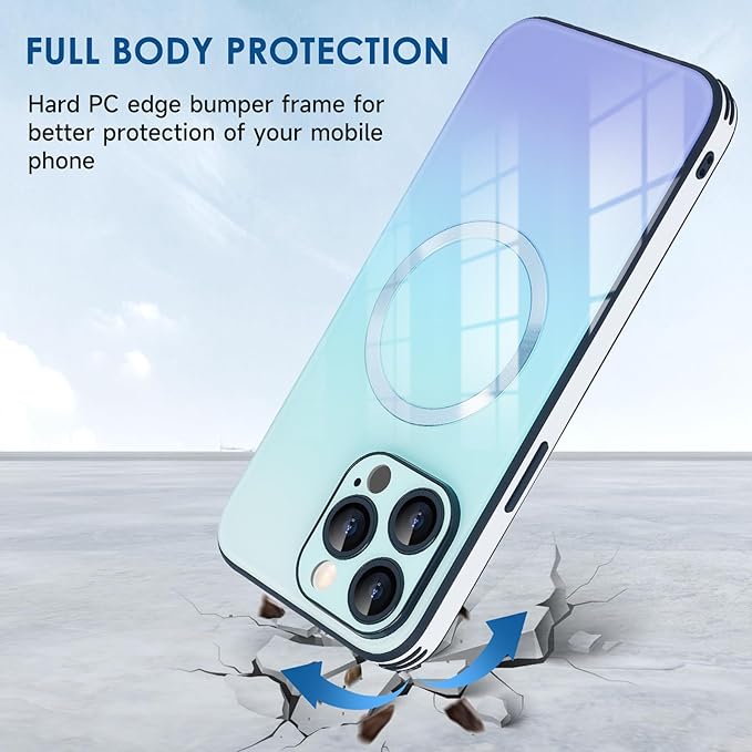 Guppy Compatible with iPhone 15 Pro Case Magnetic, with Full Camera Lens Protector [Compatible with MagSafe] Scratch Resistant Gradient Glass Back Cover Phone Case-Blue