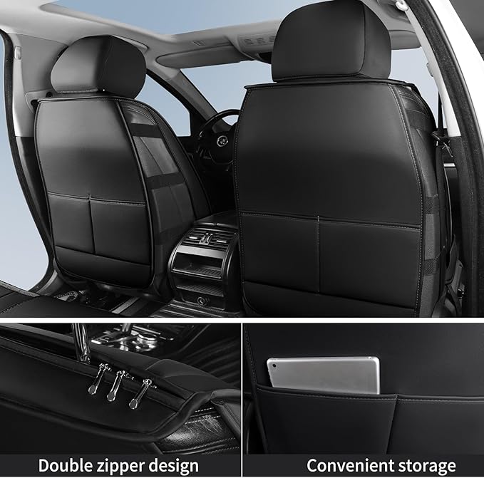 Car Seat Covers Full Set, Breathable Nappa Leather Seat Covers, Horizontal Stripes Automotive Seat Covers, Universal Seat Cushions for Sedan SUV Truck (5 PCS Full Set, Black + Cream)