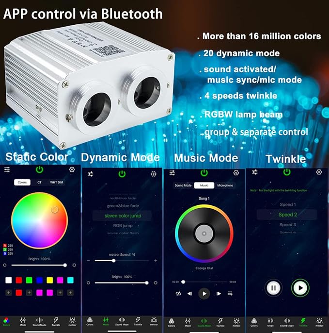 AZIMOM Dual Port 16W Twinkle Bluetooth Fiber Optic Lights Star Ceiling Light Kit 600pcs0.03in9.8ft Fibers Strands Sound Activated RGBW APP/Remote Light Engine for Car Home Starlight Headliner Decor