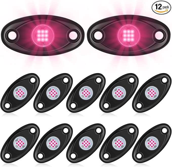 Macarrie 12 Pods Rock LED Lights for Car SUV Underglow Lights Waterproof Neon Trail Rig Lamp Lighting for Truck Motorcycle Boat ATV UTV and More(Pink)