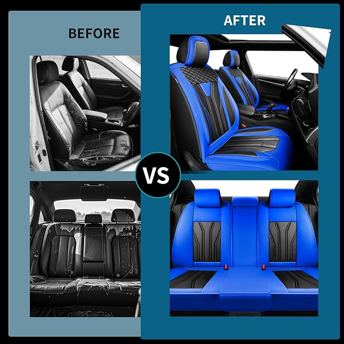 Fit Frontier Car Seat Covers Compatible with Nissan Frontier 2010-2025 2026 - Premium Leather，Waterproof Breathable，All-Weather Seat Cushion Protecto&Airbag Compatible (2 Front Seat Blue&Black)