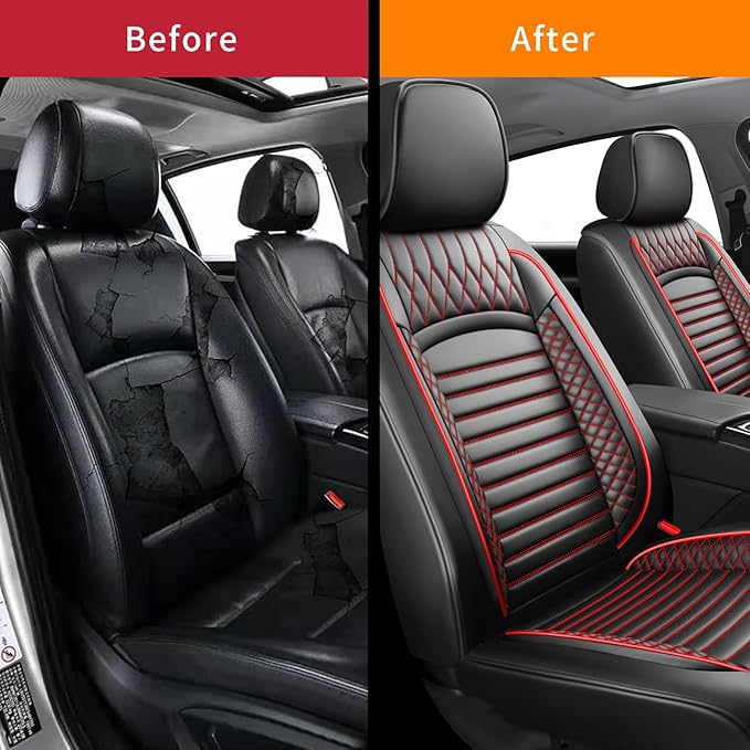 Fit CRV Car Seat Covers for Honda CR-V 2013-2024 2025 2026 - Upgraded Premium Waterproof & Breathable Leather, Airbag Compatible, All-Weather Seat Cushion Protector (2 Front/Black+Red)