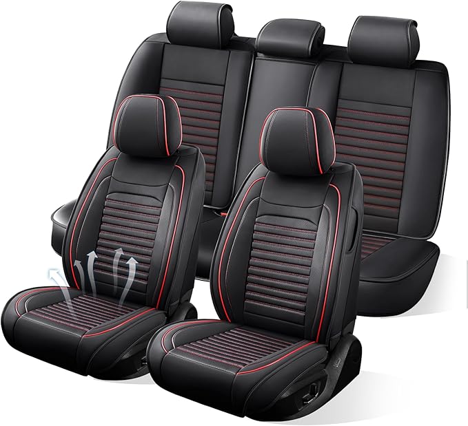 Car Seat Covers Full Set Fit for Toyota Avalon 2001-2022, Premium Faux Leather Car Seat Protector,Breathable Anti-Slip Full Wrapping Edge Seat Covers(Black&Red,Full Set)