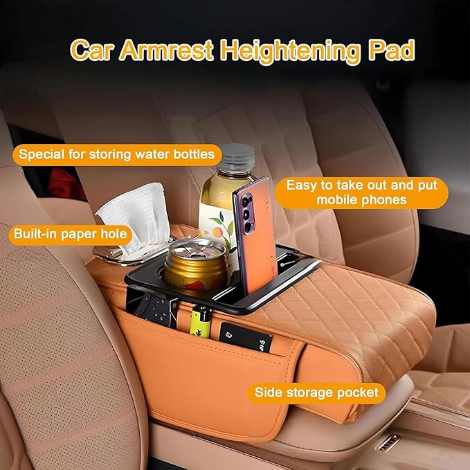 Car Center Console Cover for Hyundai Tucson 2021-2024, Leather Armrest Cushion Protector Pad with Tissue Box Holder Storage Pockets Cup Holder Phone Slot, C/Red