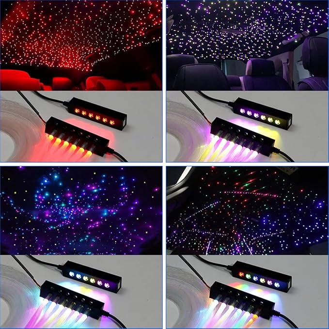 AKEPO MIni Size 6-Hole 3.2W RGB Multiple Color Chasing Fiber Optic Light Kit, 13.1ft 720pcs*0.75mm/0.03in Optical Fiber APP Control Mixed Color Timer Function Car Home Use Starlight Headliner Light