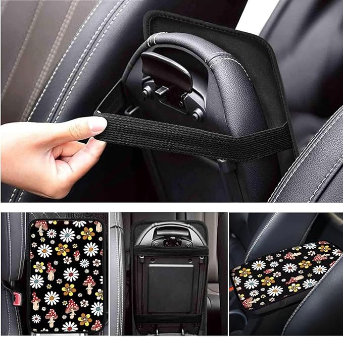 Mushroon Car Accessories 6 Pcs Sets for Men Women Many Flower Cute Car Steering Wheel Cover Cup Coaster Handbrake Cover Suit for Cars Truck Vans SUV