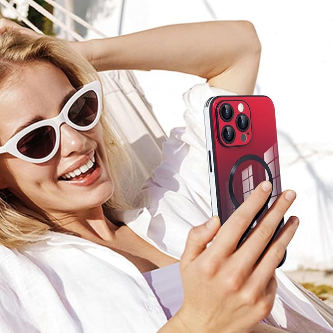 Guppy Compatible with iPhone 16 Pro Max Case Magnetic, with Full Camera Lens Protector [Compatible with MagSafe] Scratch Resistant Gradient Glass Back Cover Phone Case-Red