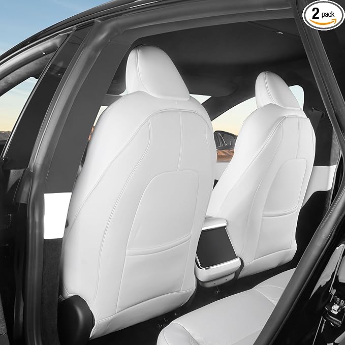 BASENOR 2026 Tesla Model Y(Juniper)/3/S/X Leather Seat Back Kick Protector, Backseat Mats for Kids (Extra Organizer Pocket) Waterproof Scratchproof Resistant Protection White (Set of 2)