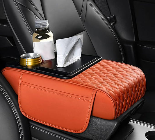 Car Armrest Center Console Cover for Hyundai Santa Fe 2000–2025, Center Console Pad with Cup Holder, Multifunctional Armrest Cushion,F Orange