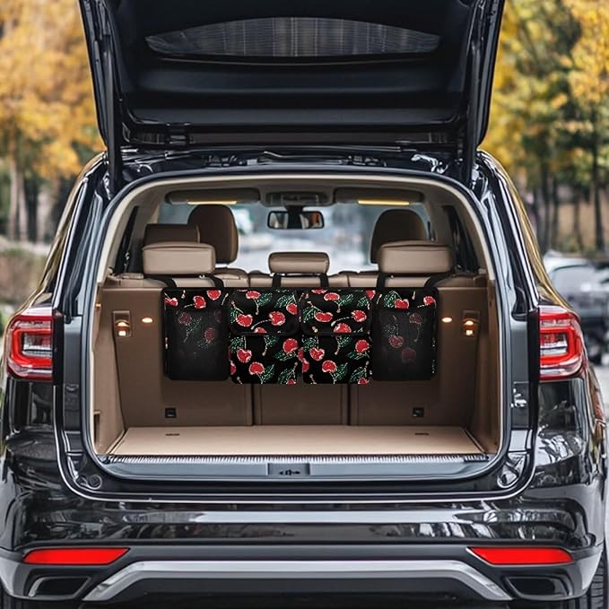 Cherry Car Trunk Organizers, 37.1" x 11.8" Backseat Hanging Organizer with 4 Storage Bag, Waterproof Car Organizer with Adjustable Strap, Car Interior Accessories