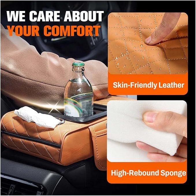 Car Armrest Box Thicken Height Pad Arm Rest Cushion Memory Cotton Elbow Universal Auto Interior Storage Tissue Organizer(Orange)