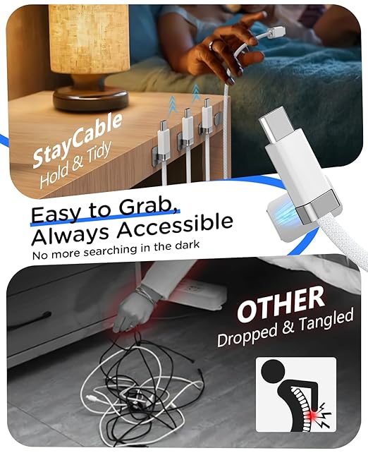 StayCable 3.3FT USB A to USB C Cable with Built-in Magnetic Holder for Nightstand, Desk and Car, 3A Fast Charging Anti-Drop Cord with 2 Adhesive Metal Plates, Braid Type-C Data Cable for iPhone 17