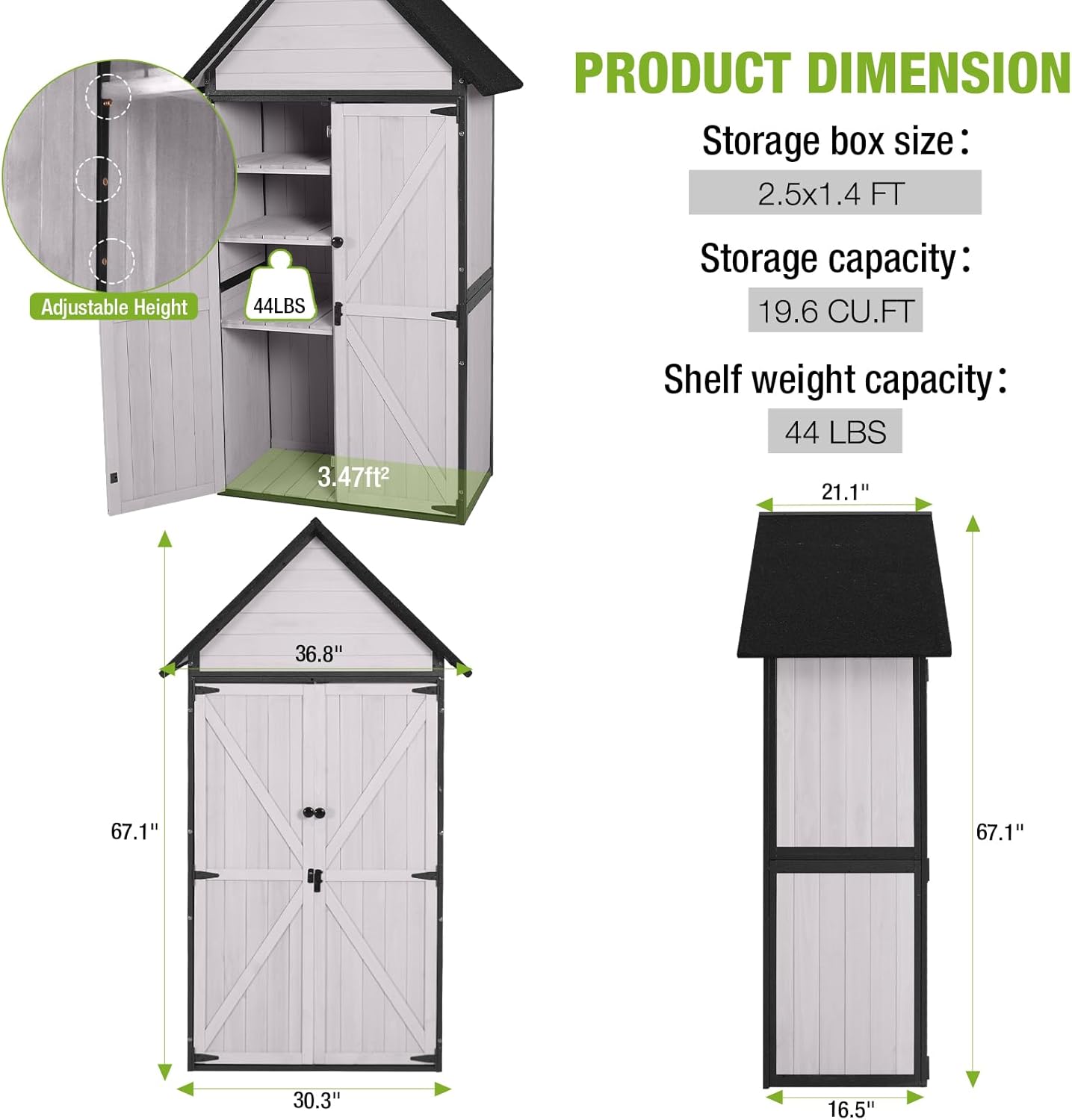 GUTINNEEN Shed Outdoor Storage Upgraded with Durable Metal Frame Garden Shed Tool Storage Cabinet with Wooden Floor Adjustable Shelfs 2.5 x 1.4FT （Off-White）