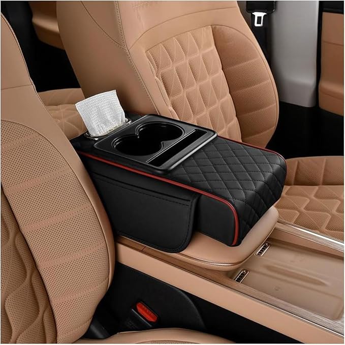 Car Armrest Cushion for Toyota Crown Majesta VI 2009-2015 2016 2017 2018, Car Center Console Cover Armrest Pad with Cup Holder and Tissue Box, Car Accessories,Black-Red