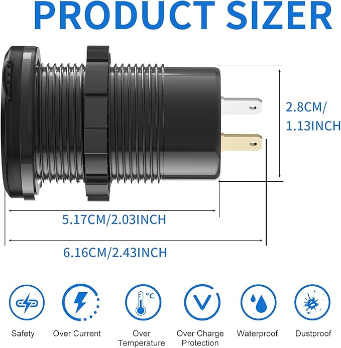 12V USB Outlet 3 Port Car Charger Socket, 78W Dual PD USB C 30W and Quick Charge3.0 Port Aluminum Charger Waterproof with Voltmeter and Button Switch for Boat Marine Motorcycle RV Truck Golf Cart, etc