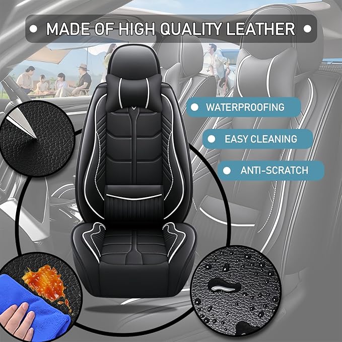 Leather Car Seat Covers Fit for Toyota Corolla 1997-2024, 5 Seater Car Seat Cover, Premium Waterproof, Scratch Resistant Car Interior Accessories (Full Set with Pillow Black White)
