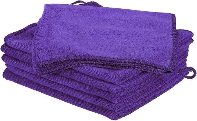 HARFINGTON 6 Pack Microfiber Cleaning Cloth, 14" x 14" Multi-Functional Cleaning Towels Reusable Absorbent Rags with Hook for Car Wash Kitchen Household Window Clean, Purple